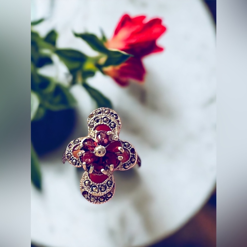 Vintage sterling silver garnet marcasite 925 fancy oblong ring - Picture 2 of 10